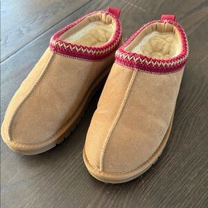 Tan Suede Slippers with Red Trim